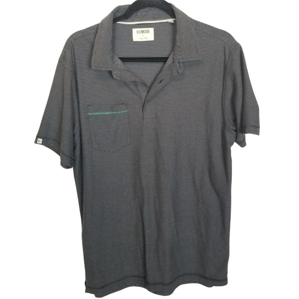 Link Soul Mens M Gray Striped Tempus Fugit Polo Shirt Short Sleeves Collared